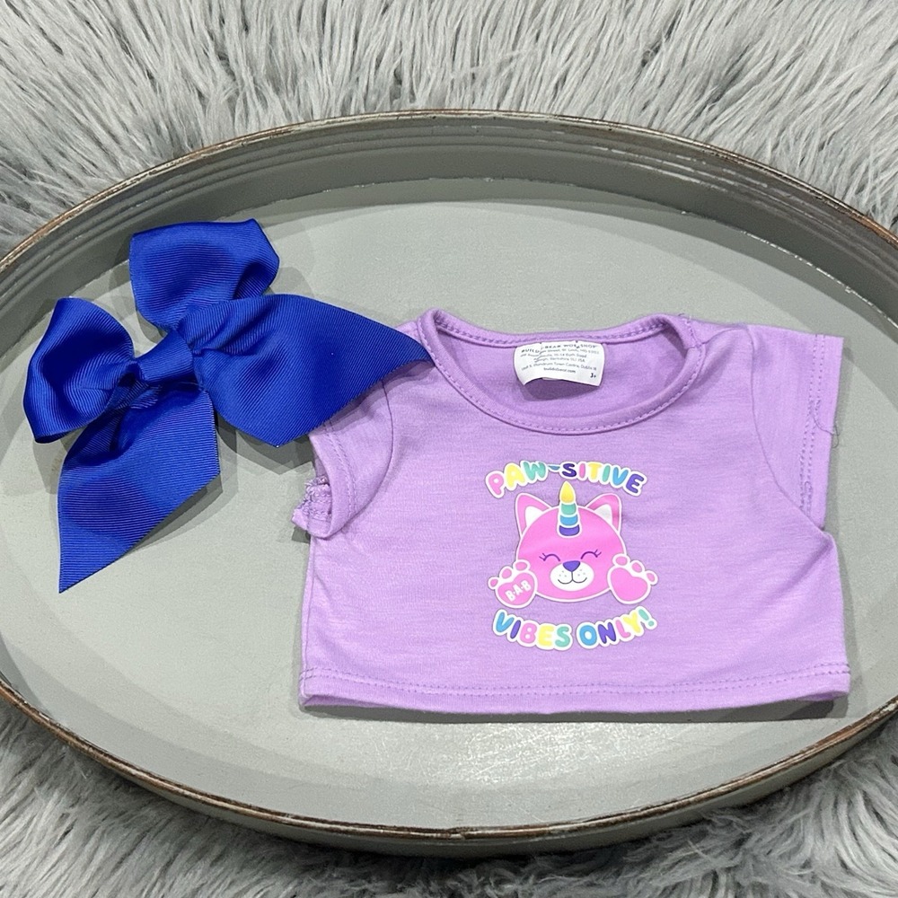 Build-A-Bear purple "Paw-sitive Vibes Only" Unicorn Graphic T W/Bow Bundle